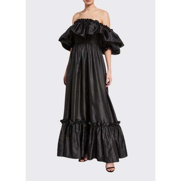 LoveShackFancy Tara Off-the-shoulder Ruffle-trim Taffeta Dress black size 2 - Picture 10 of 11